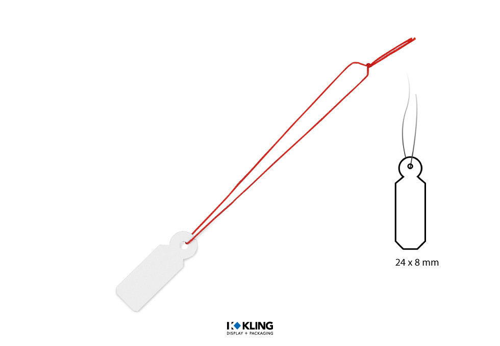 Standard-Fadenetikett 0/97 weiß mit Faden rot Standard-Fadenetikett 0/97 weiß mit Faden rot